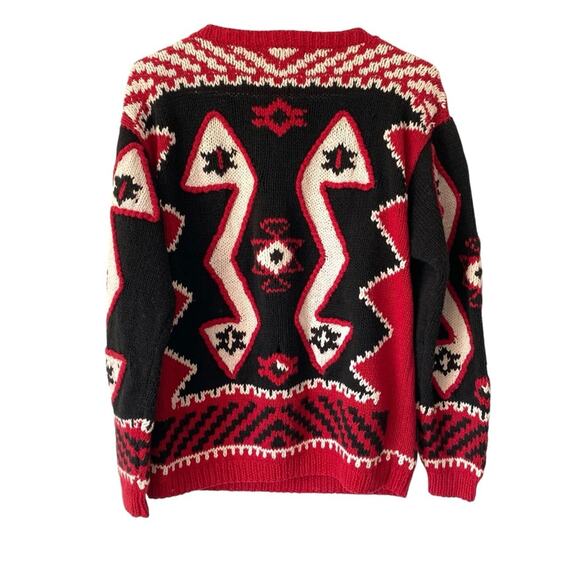 Vintage Susann D Hand Knit Aztec Navajo Red Black Cotton Blend Sweater Large - Picture 6 of 7